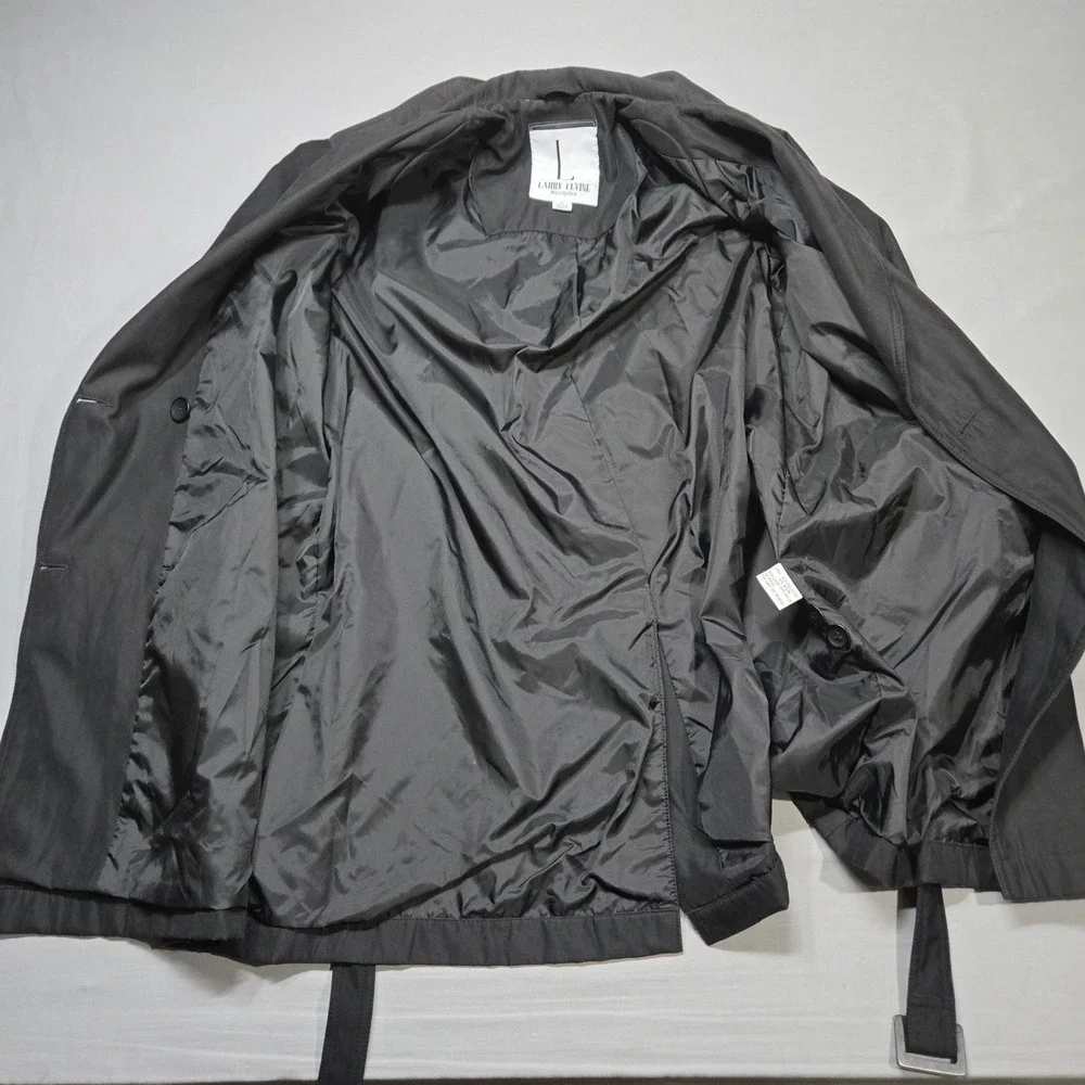 Vintage Larry‎ Levine Trench Coat Medium Black Double Breasted Belted Microfibre